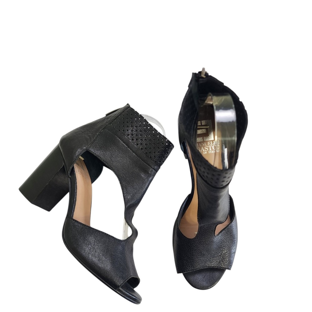 Emanuele Crasto Womens Black Leather Perforated Block Heel Sandal Size EU 37